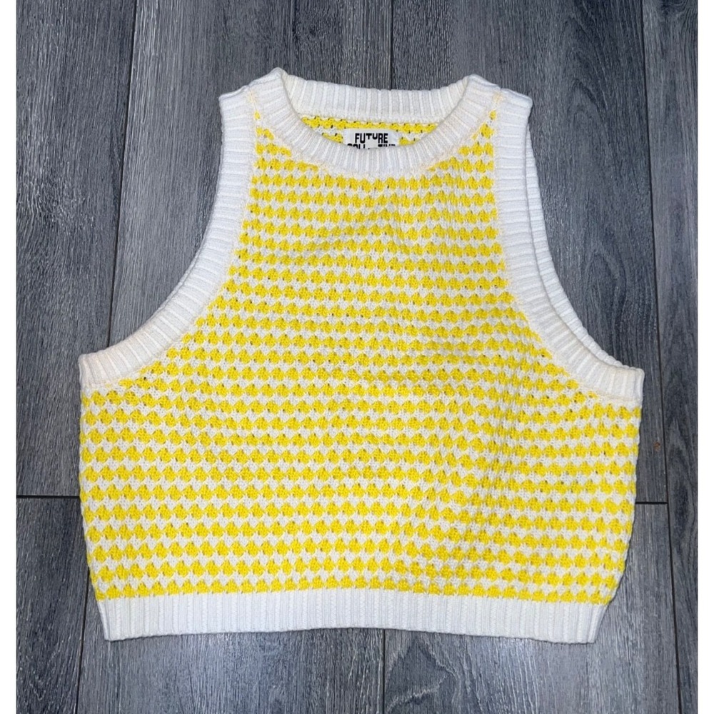 Future Collective womens check yellow white crochet sweater crop S A006953